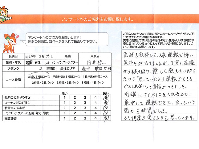 府中市 20代男性 ペーパードライバー講習アンケート
