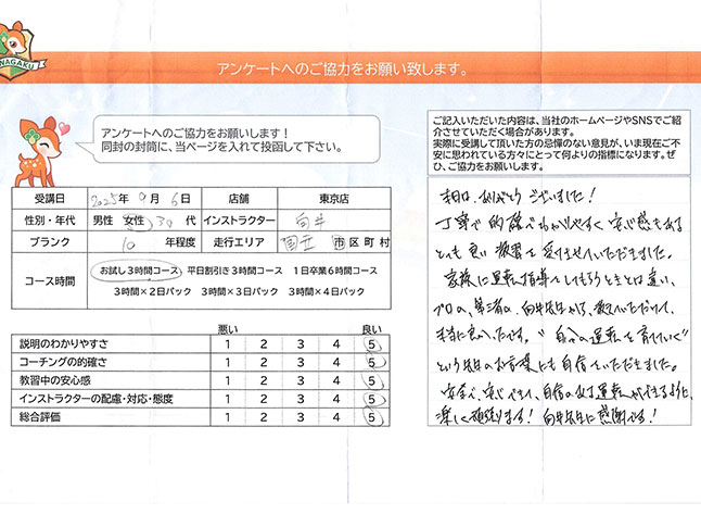 国立市 30代女性 ペーパードライバー講習アンケート
