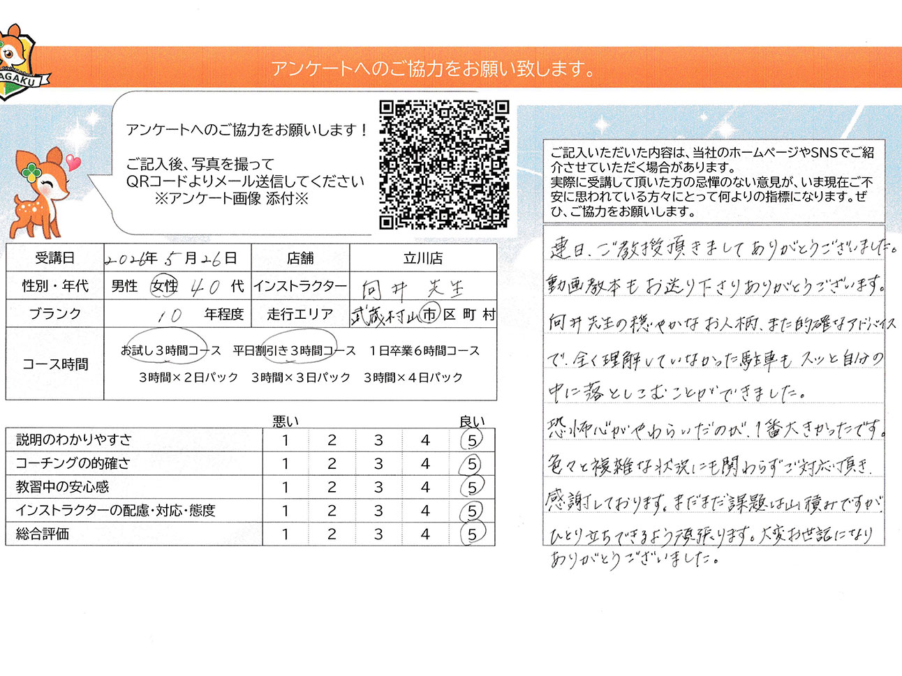 武蔵村山市 40代女性 ペーパードライバー講習アンケート 武蔵村山市 40代女性 ペーパードライバー講習アンケート